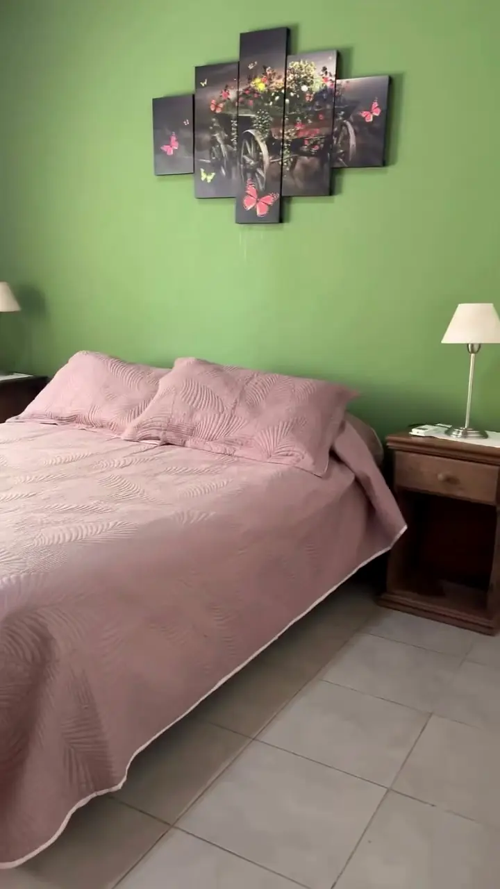 El dormitorio: cama matrimonial con acolchado rosa, mesa de luz con velador y pared verde con un cuadro de flores.