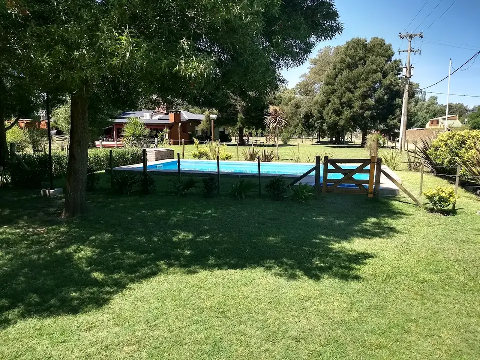 El parque al sol de la tarde, con árboles grandes, pasto y la pileta detrás de un cerco de madera.